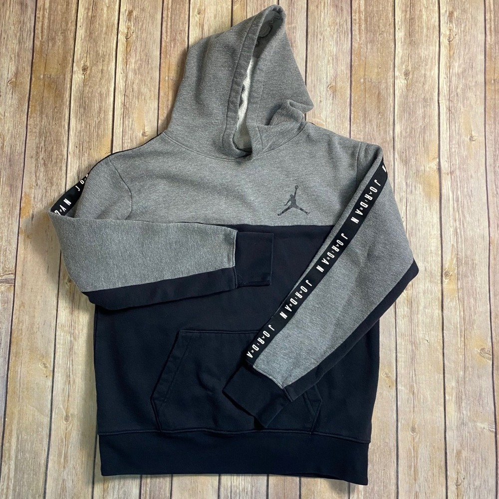 Jordan Boys Jumpman Logo Colorblock Hoodie Grey Black Large 12-13Y